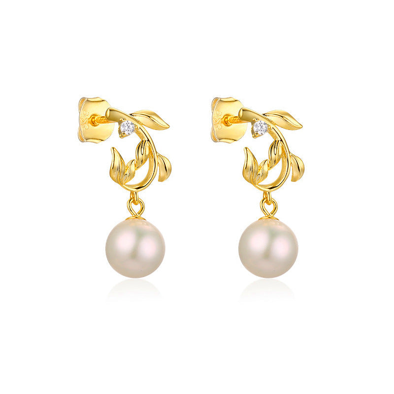 Olive Branch with Natural Pearl Silver Drop Earrings for Women