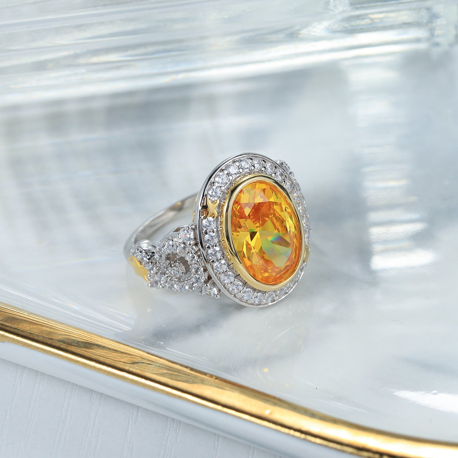 Golden Yellow Zircon S925 silver Luxury hand Ornament Ring