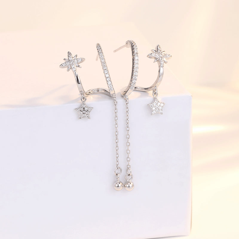 Zircon Star Tassel Double Layer C Shape Silver Drop Earrings for Women