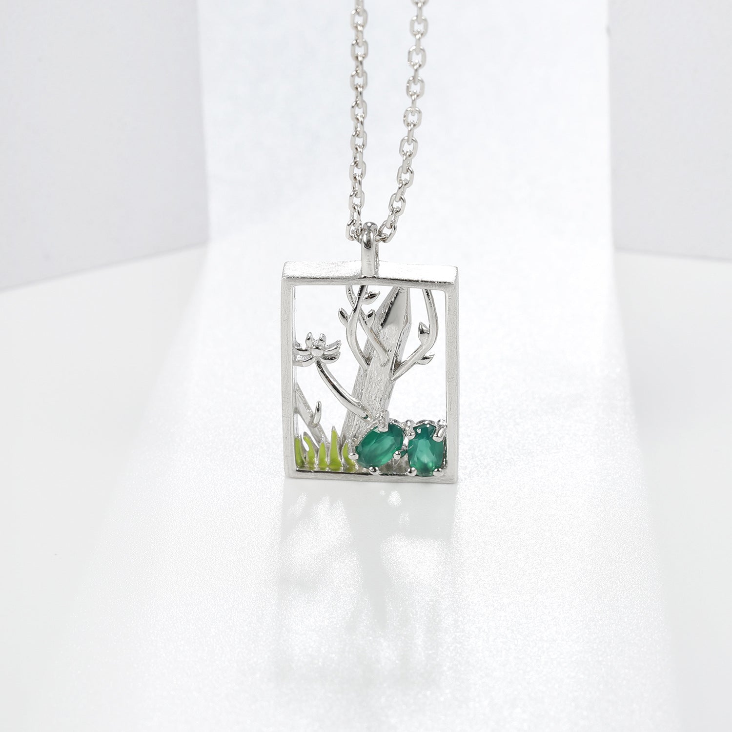 Natural Style Colourful Gemstone Rectangle with Forest Pendant Silver Necklace for Women