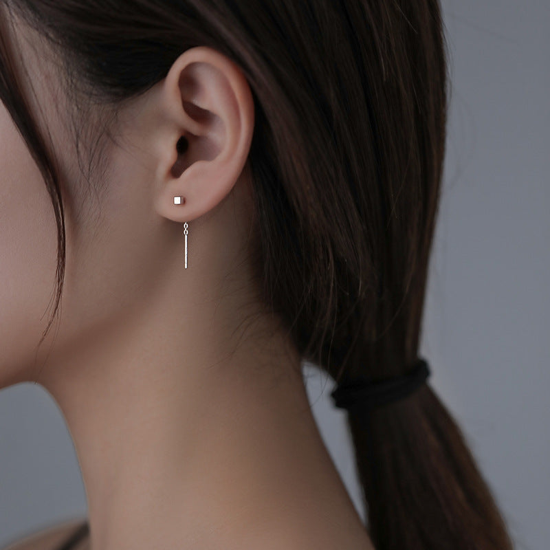 Small Square Ear Line Silver Drop Earrings for Women