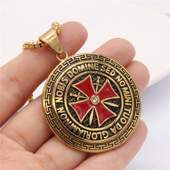 Red Teutonic Cross Round Shield Titanium Steel Pendant for Men