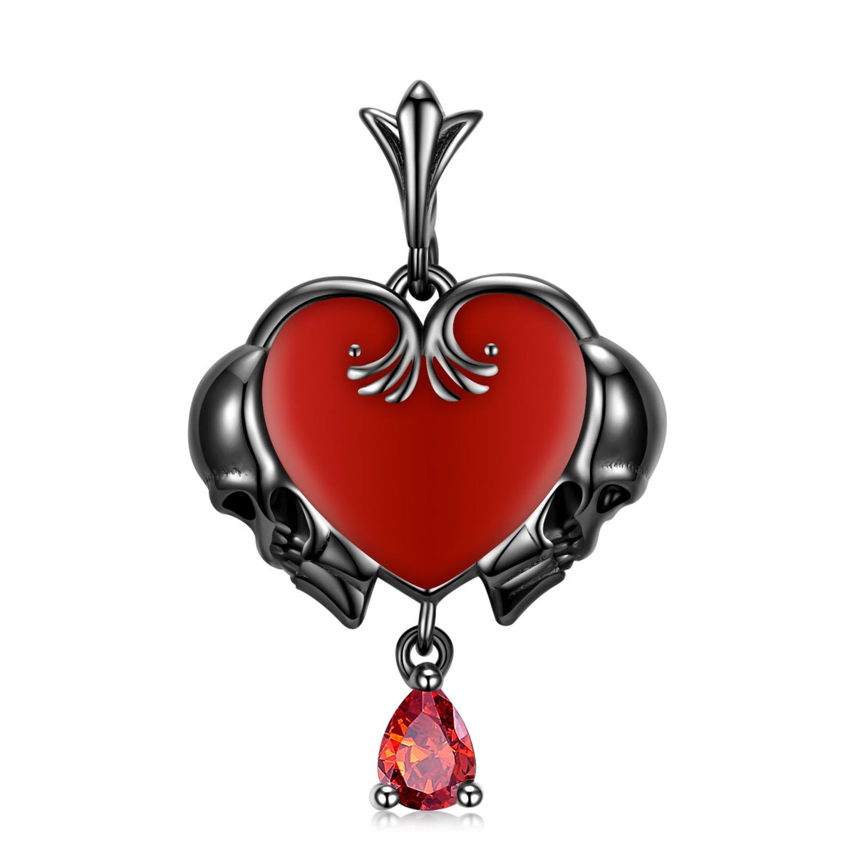 Halloween Heart Shape Skull with Pear Shape Red Zircon Silver Necklace