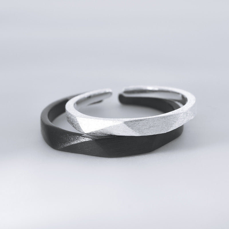 Geometric Multi-Face Design with Sandblasted Texture Silver Couple Ring for Women