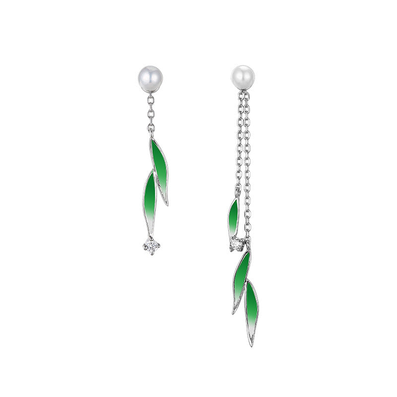 Irregular Gradient Leaf with Pearl Tassel Asymmetric Silver Drop Earrings for Women