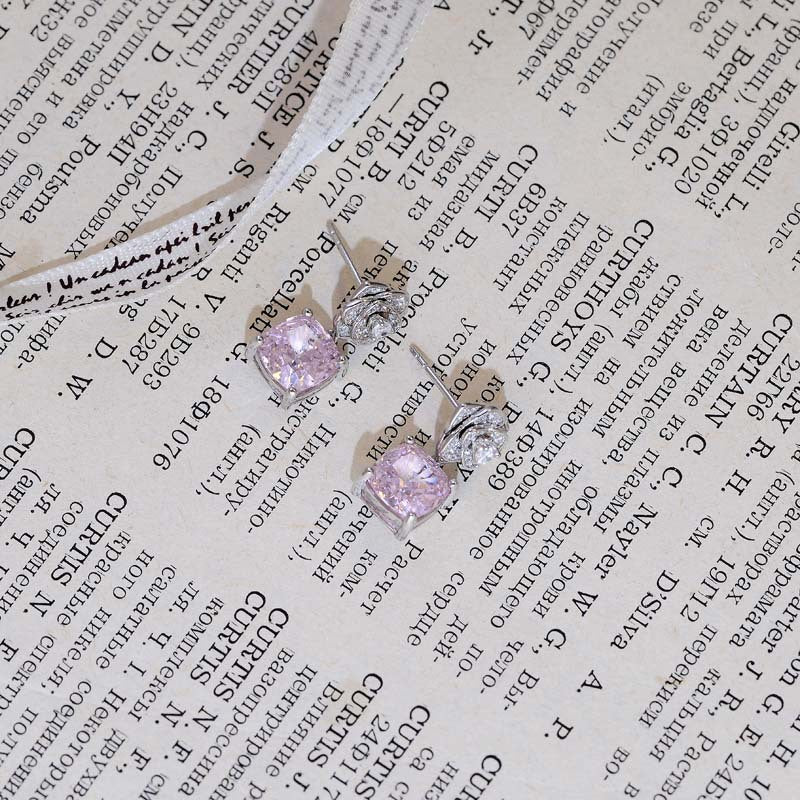 Square Pink Zircon Camellia Drop Earrings