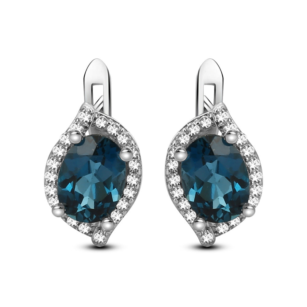 European Luxurious Natural Topaz Oval Shape Silver Studs Earrings for Women