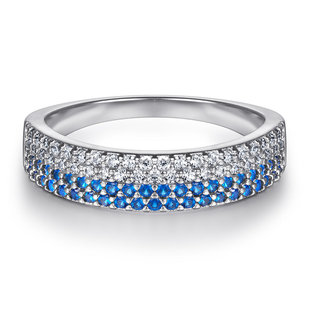 Half Circle Blue and White Zircon Silver Ring for Women