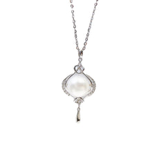 Round Natural Pearl Lantern Shape Pendant Silver Necklace for Women