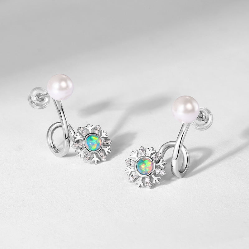 Round Opal Zircon Snowflake with Pearl Sterling Silver Stud Earrings