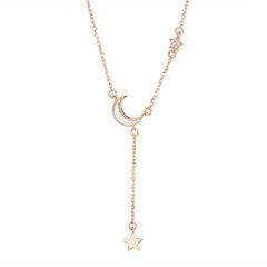 Mother of Pearl Moon with Star Tassel Silver Necklace for Women