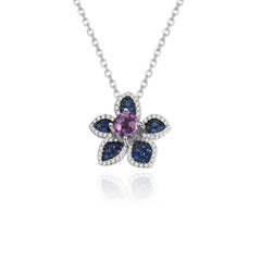 Natural Wind Series Design Inlaid  Natural Colourful Gemstones Flower Pendant Silver Necklace for Women