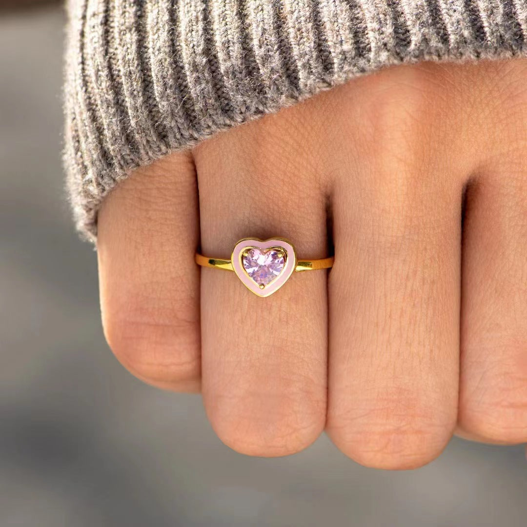 Heart Shape Zircon Enamel Opening Sterling Silver Ring