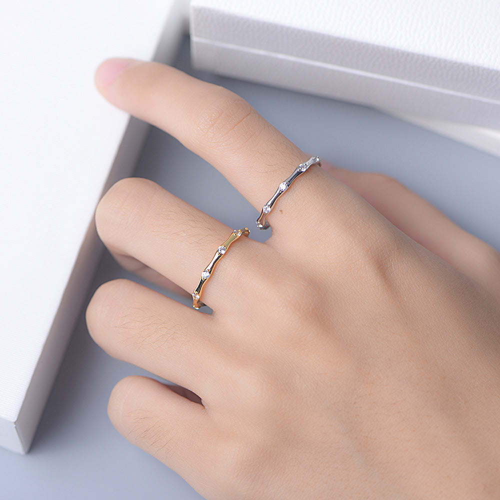 White Zircon Geometric Bamboo Design Sterling Silver Ring