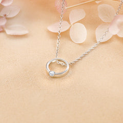 Round Zircon Hollow Circle Pendant Silver Necklace for Women