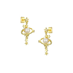 Pearl Saturn with Zircon Tassel Stars Silver Drop Earrings for Women