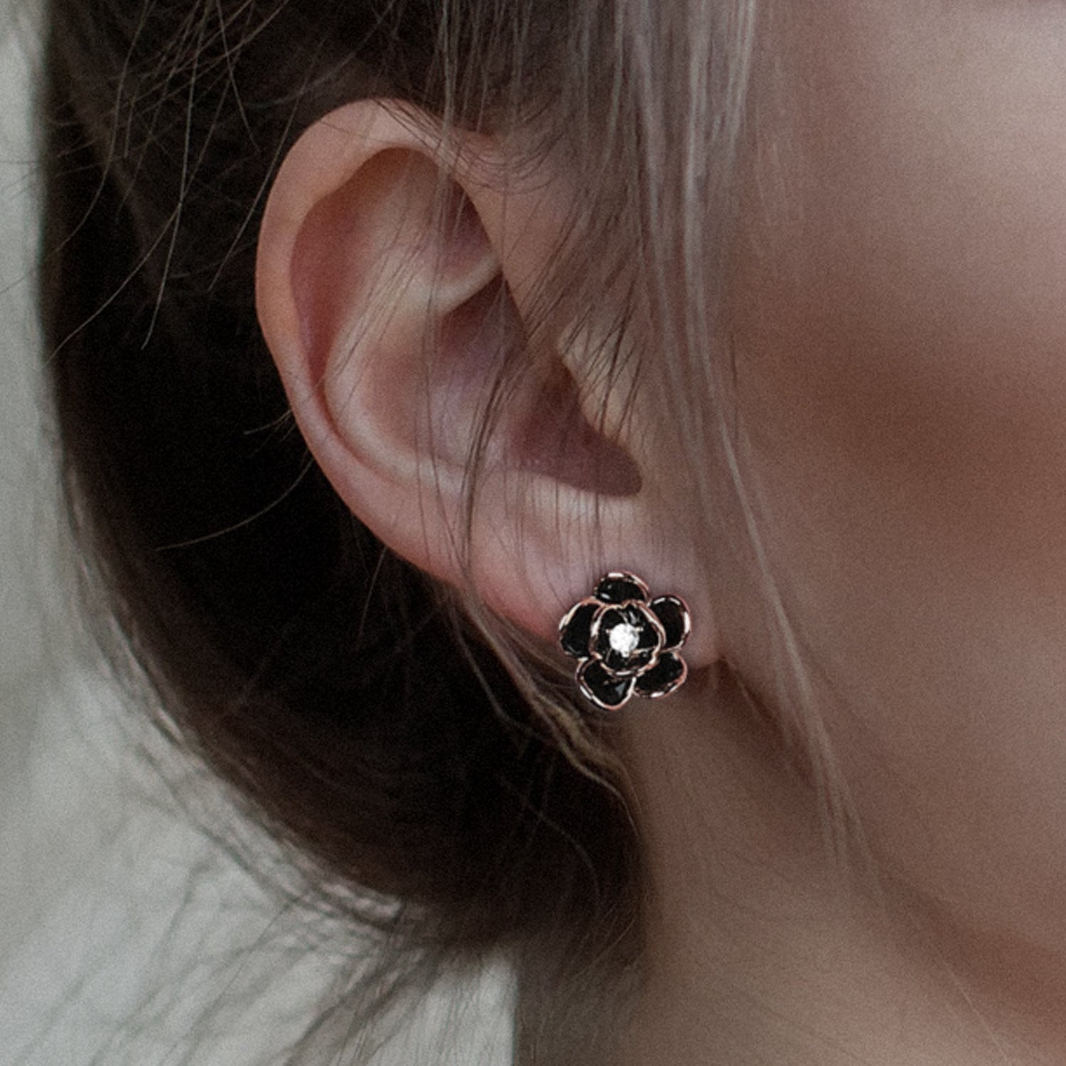 Camellia Black Enamel Stud Earrings