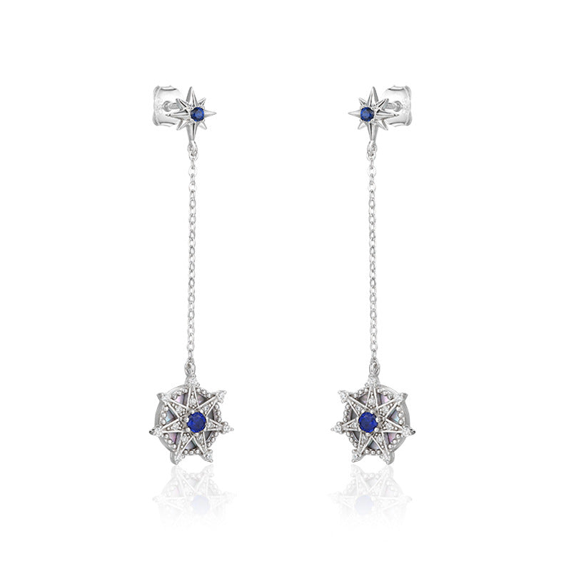 Blue Zircon Seven-pointed Star Tassel Silver Drop Earrings for Women