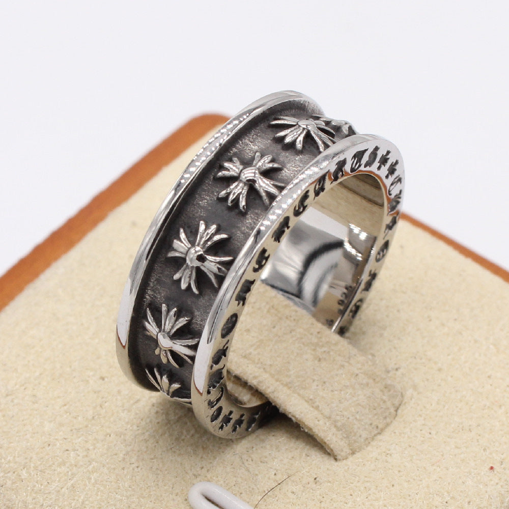 Row of Cross Flower Grooved Titanium Steel Ring for Men