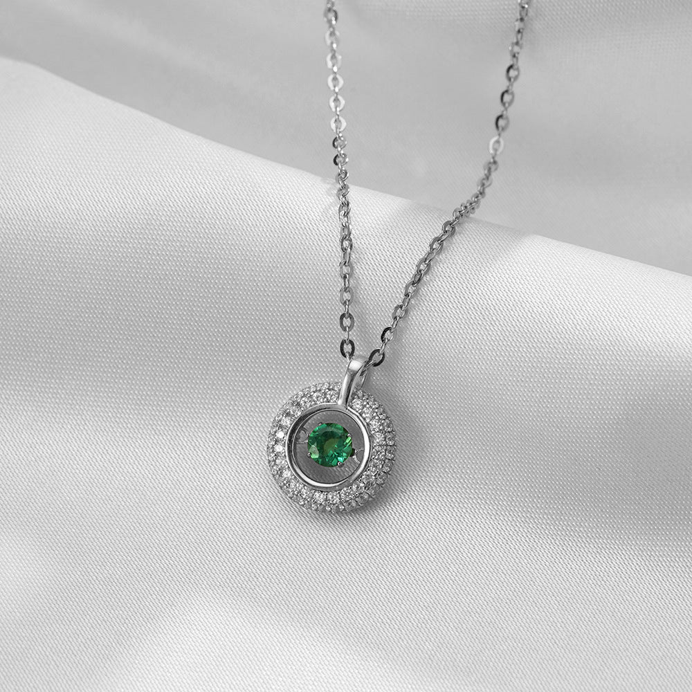 (Two Colours) White Zircon Circle Ring with Emerald Colour Zircon Pendants Silver Collarbone Necklace for Women