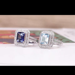 High-grade Temperament Natural Topaz Luxury Soleste Halo Square Sterling Silver Ring for Women