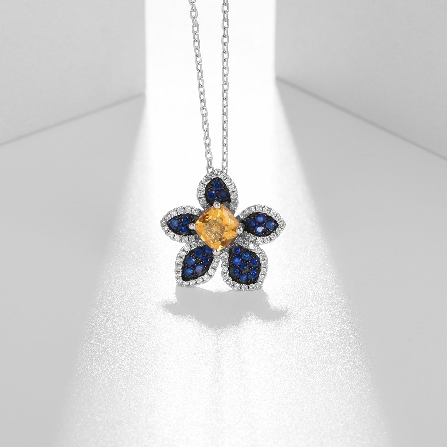 Natural Wind Series Design Inlaid  Natural Colourful Gemstones Flower Pendant Silver Necklace for Women