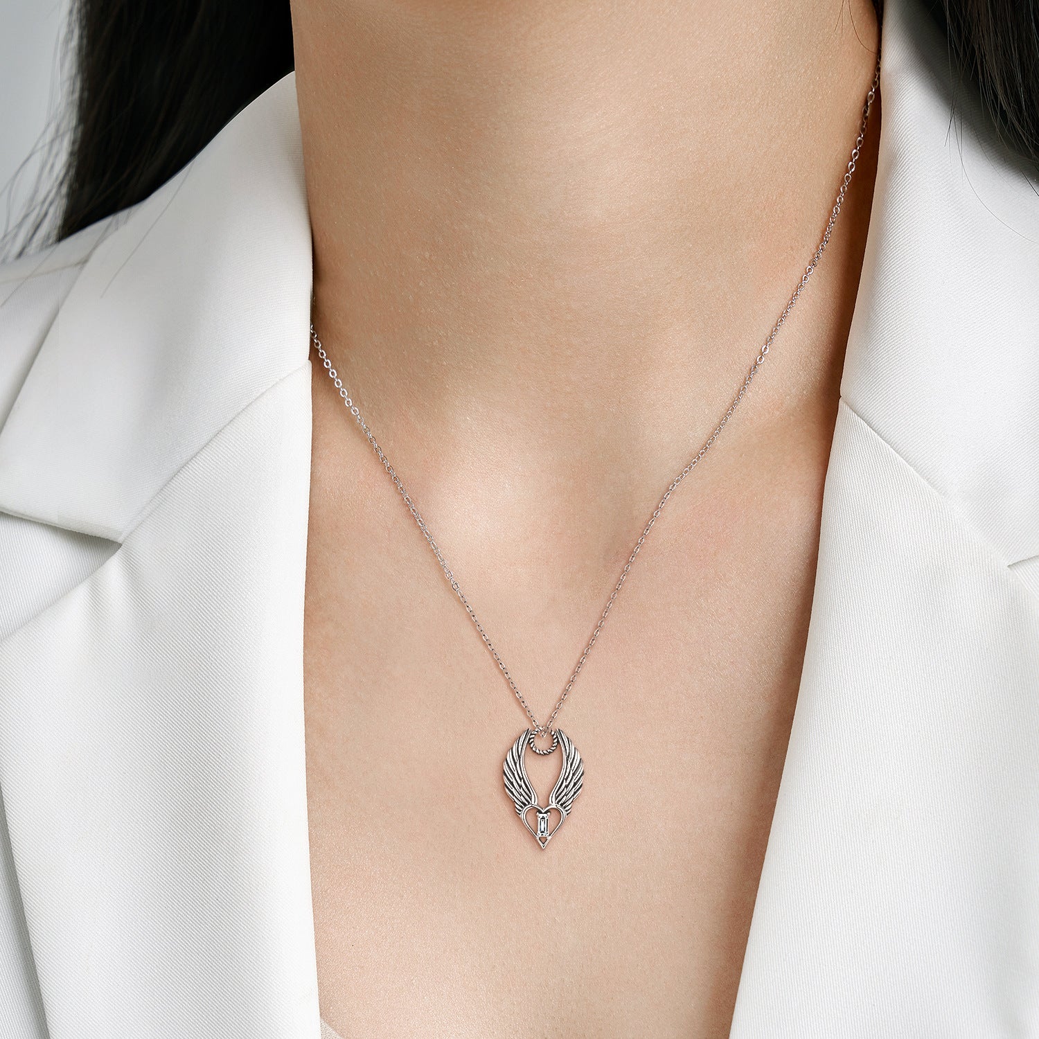 Heart and Wings with Zircon Silver Necklace