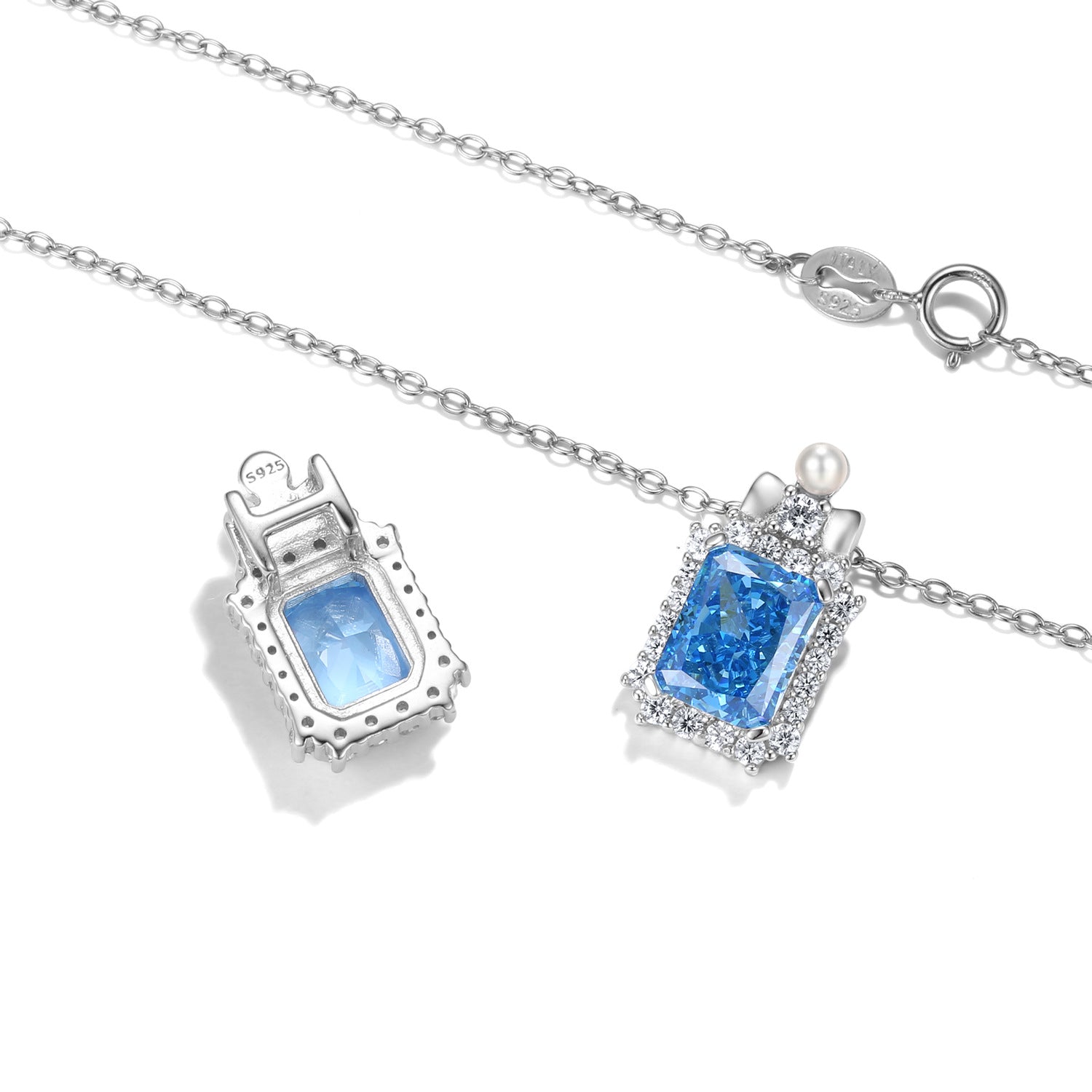 Soleste Halo Rectangle Blue Zircon Pendant Silver Necklace