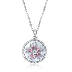 Purple Enamel Orchid Round Shape Pendant Zircon Sterling Silver Necklace