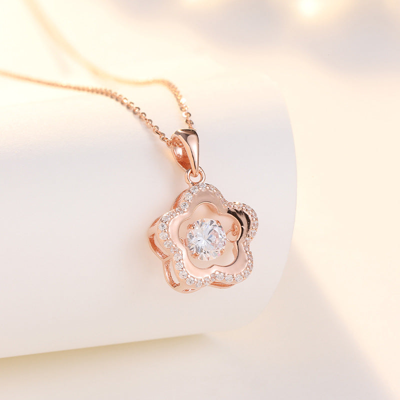 Round Zircon Five-petal Flower Pendant Silver Necklace for Women