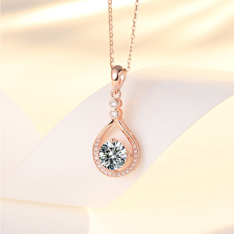 Round Zircon Hollow Water Drop Pendant Silver Necklace for Women