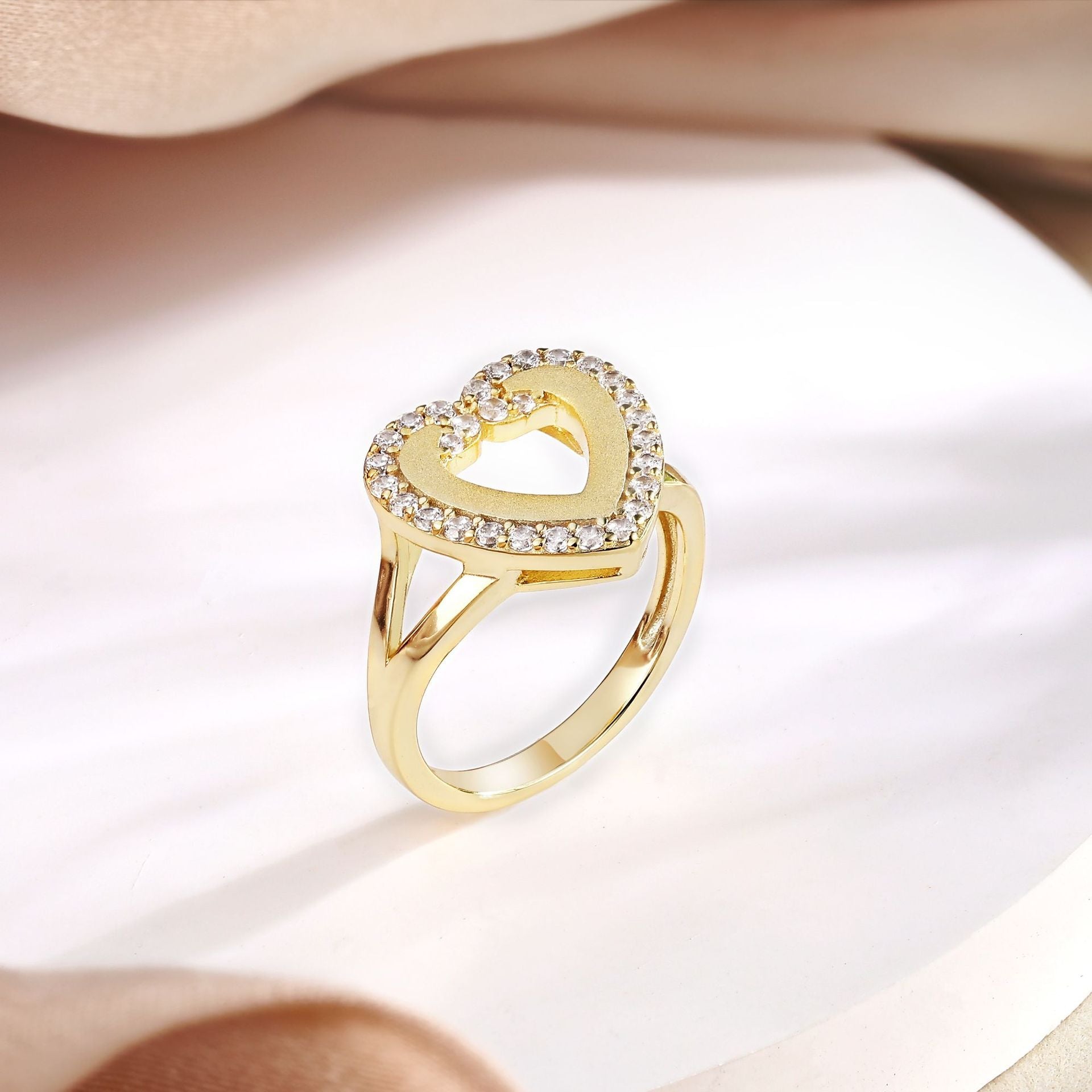 Golden Sandblasting Zircon Hollow Heart Shaped Sterling Silver Ring