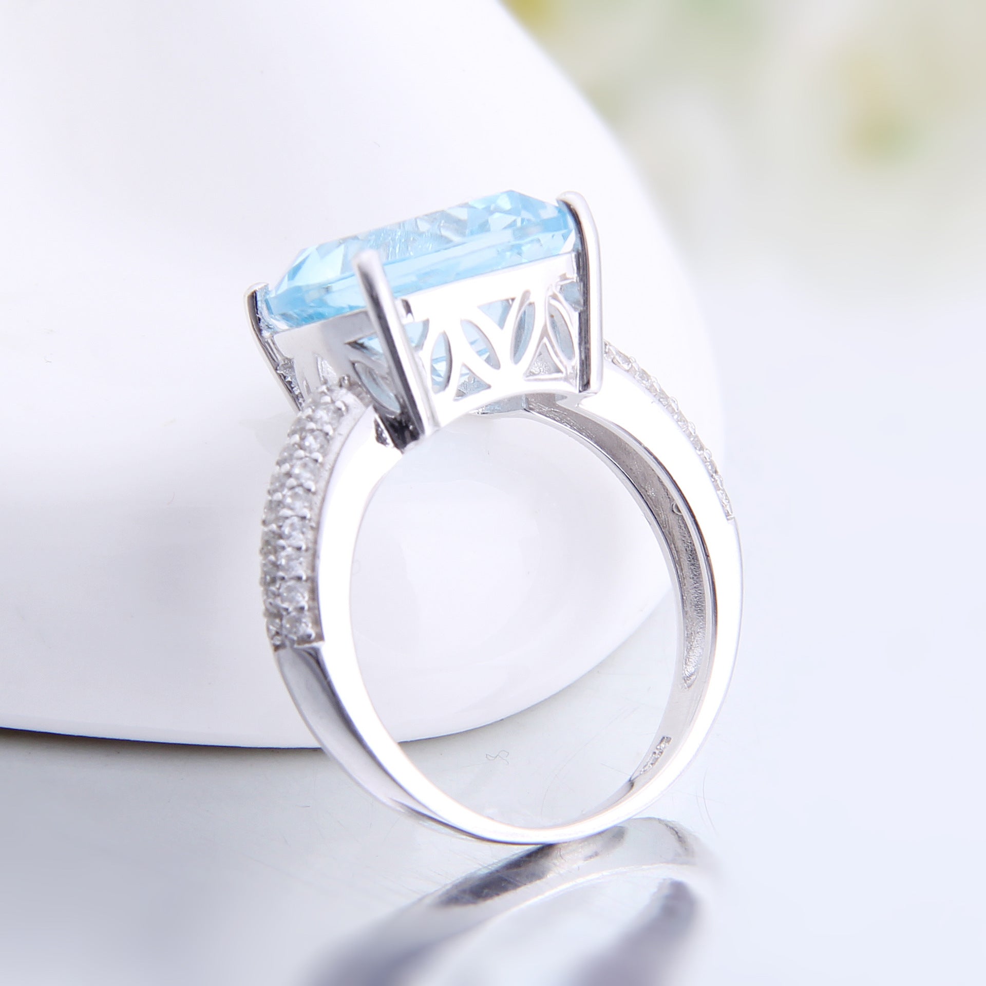 Cathedral Cushion Cut Natural Blue Topaz Silver Ring