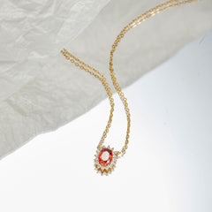 Oval Red Garnet with Zircon Pendant Silver Necklace for Women