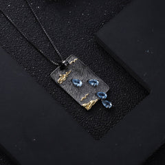 Italian Craft Retro Premium Design Natural Colourful Gemstone Raindrop Rectangle Pendant Silver Necklace for Women