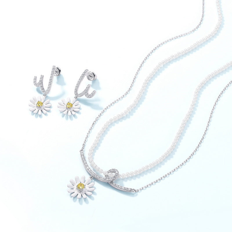 Little Daisy Pendant Zircon W Shape Sterling Silver Drop Earrings