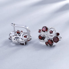 Italian Craft Fashion Style Group Inlaid Natural Oval Shape Garnet Stones Silver Studs Earrings for Women