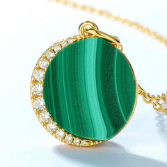 Round Malachite Pendant Star Moon Zircon Sterling Silver Necklace