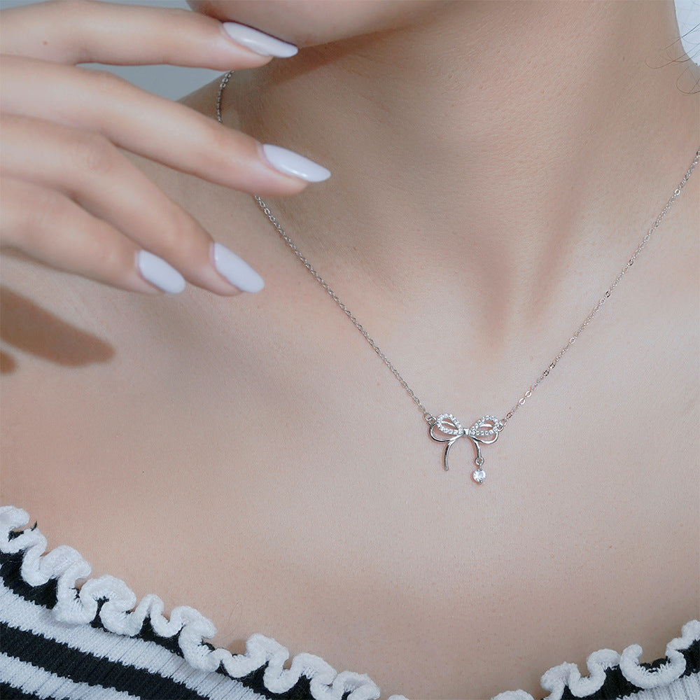 Sweet Bowknot Zircon Silver Necklace