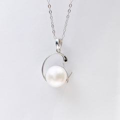 Natural Pearl Hollow Geometric Pendant Silver Necklace for Women