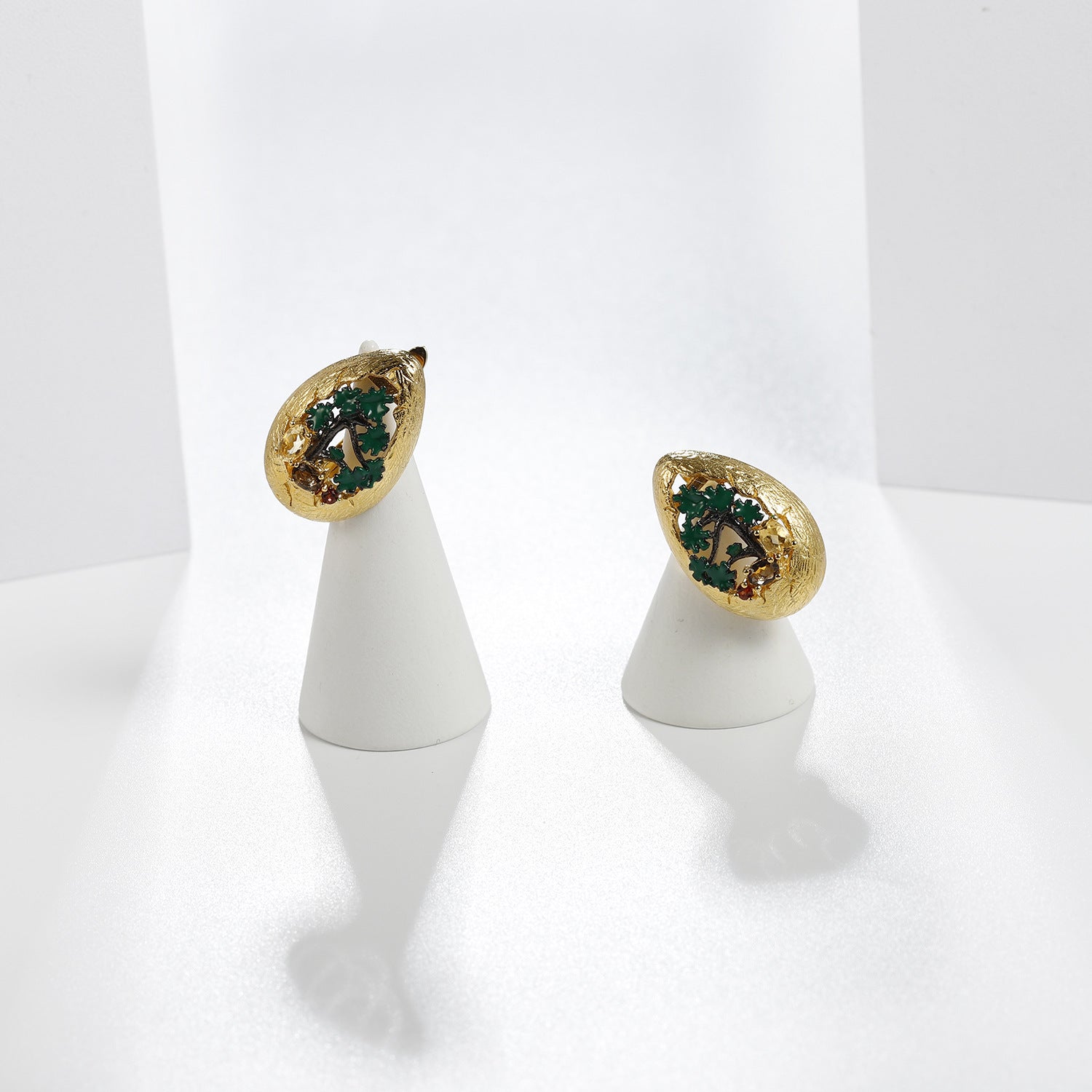 Retro Natural Style Inlaid Colourful Gemstone Egg Shape with Forest Silver Studs Earrings for Women