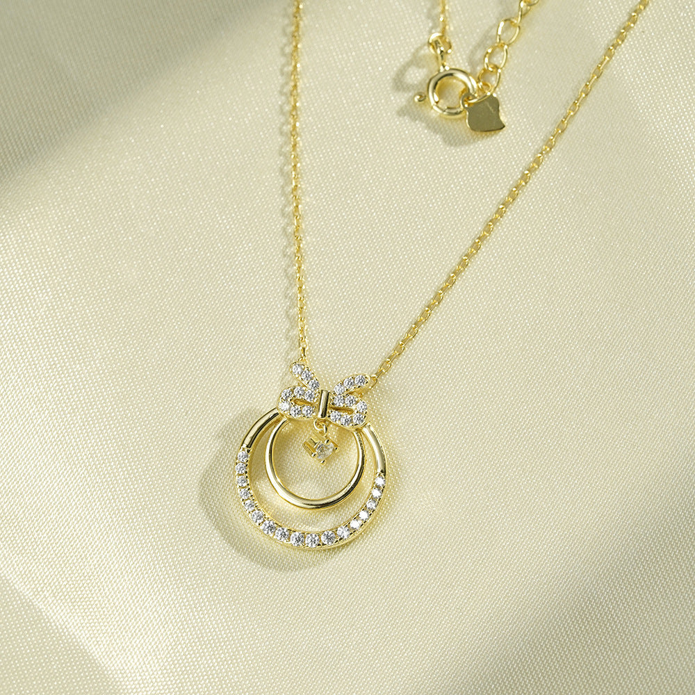 (Two Colours) White Zircon Circle Bowknot Pendants Collarbone Necklace for Women