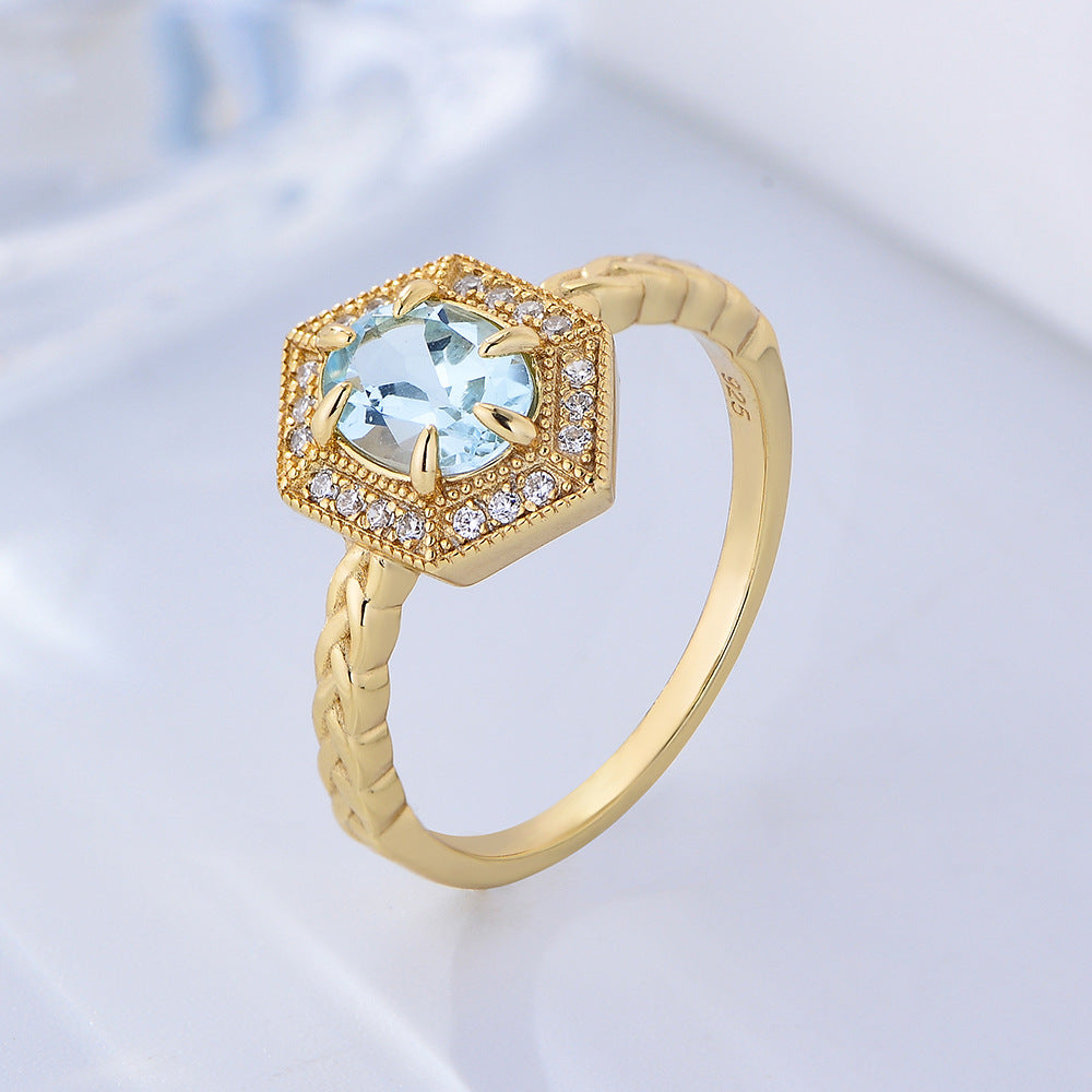 Sky Blue Topaz Luxury Hexagon Sterling Silver Ring