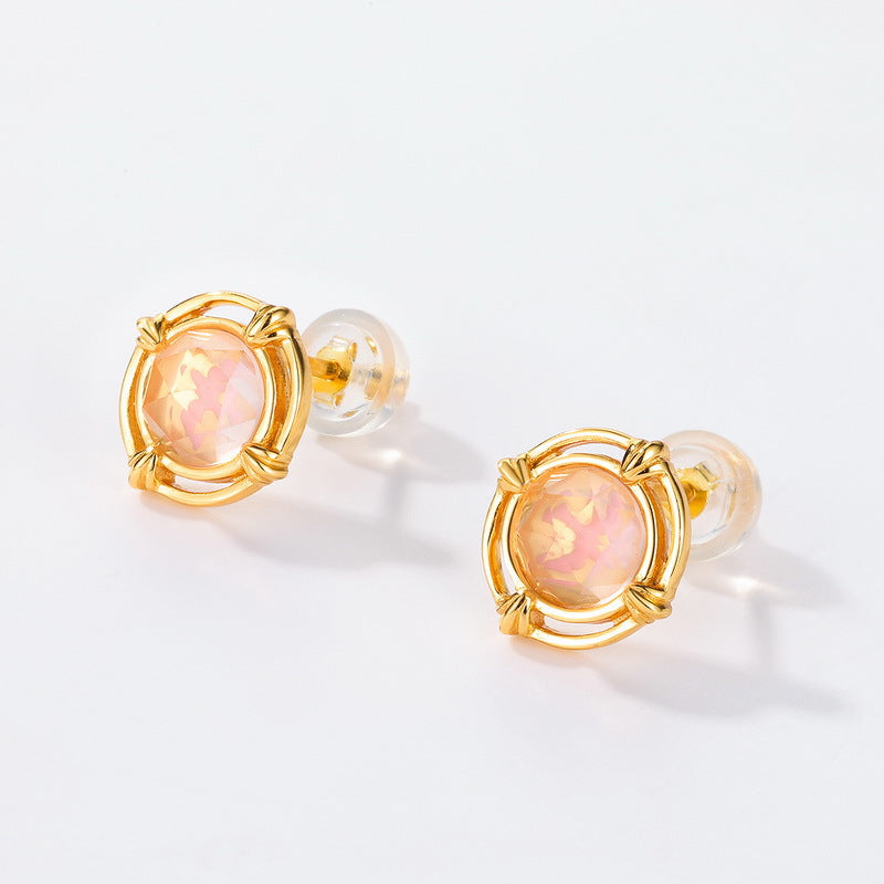 Halo Round Shape Pink Crystal Silver Stud Earrings