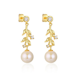 Zircon Leaf with Pearl Silver Drop Earrings for Women