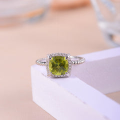 Soleste Halo Square Natural Olivine Silver Ring