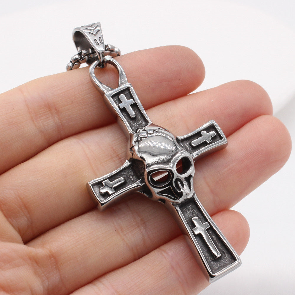 Halloween Skull Head Latin Cross Titanium Steel Pendant for Men