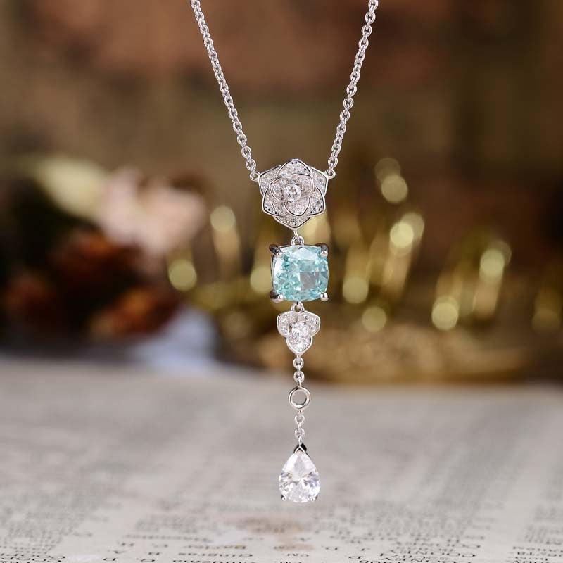 Square Lake Blue Zircon Camellia Tassel Necklace