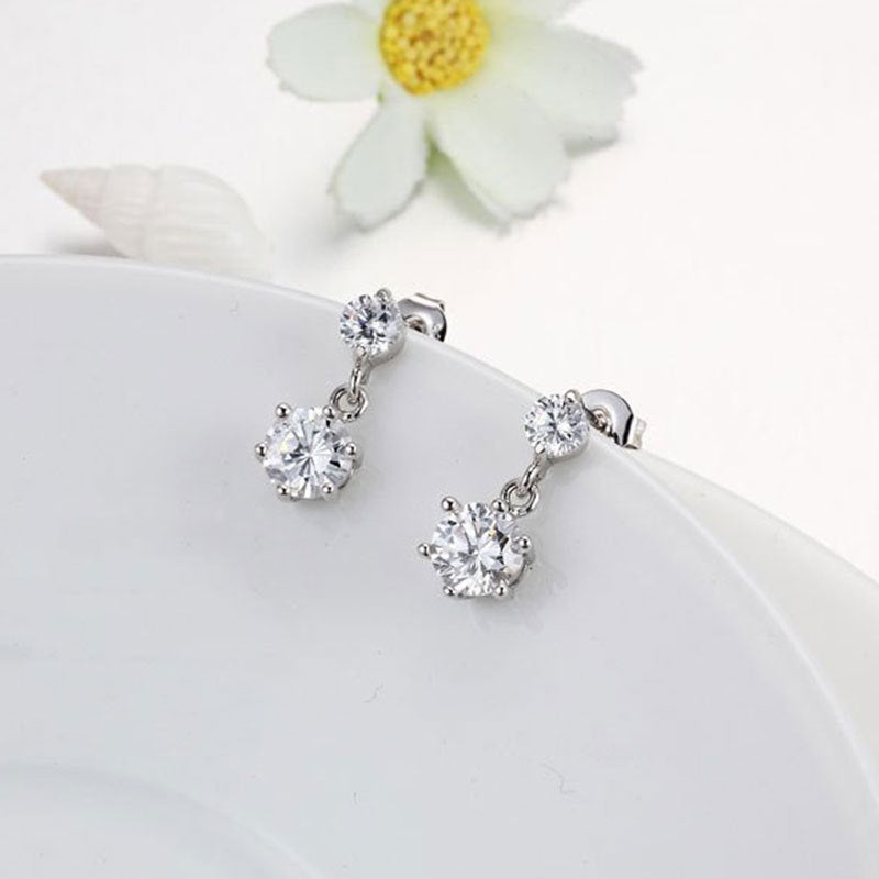 Double Round Zircon Six Prongs Silver Studs Earrings for Women