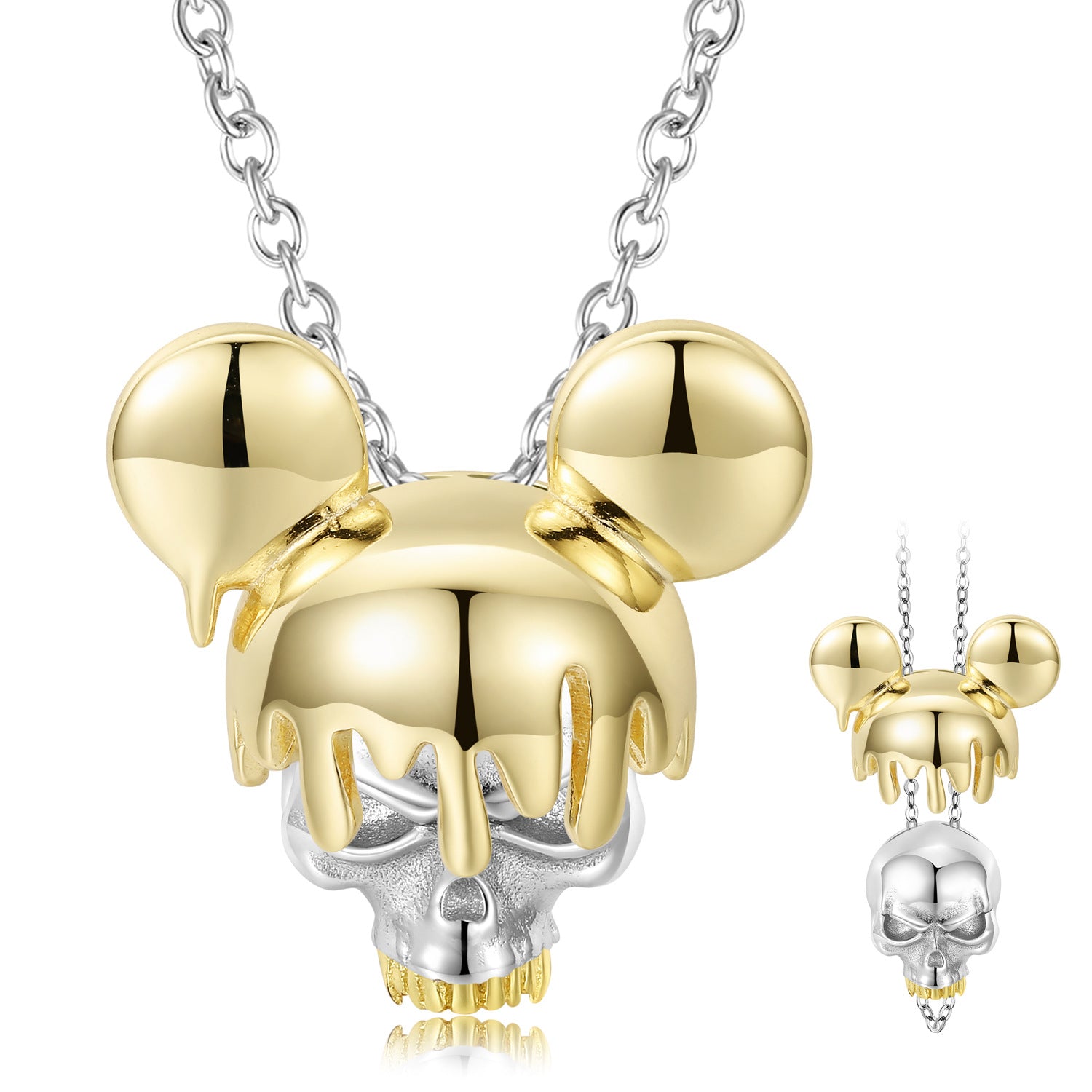 Golden Cute Mouse Headgear Skull Pendant Silver Necklace